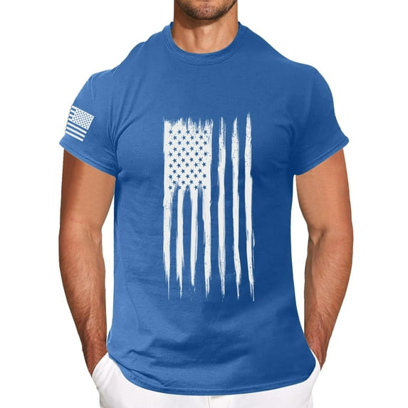 Prolriy Shirts for Men, Men's Solid Color Independence Day 2D Printed Casual T Shirt Mens Shirts Blue XL