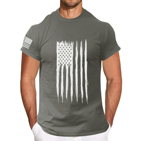 Prolriy Shirts for Men, Men's Solid Color Independence Day 2D Printed Casual T Shirt Mens Shirts Grey L