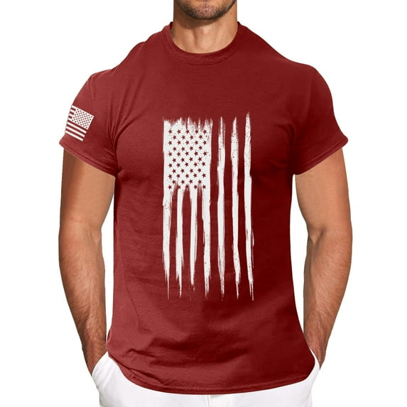 Prolriy Shirts for Men, Men's Solid Color Independence Day 2D Printed Casual T Shirt Mens Shirts Red L