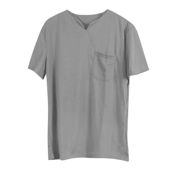 Prolriy Shirts for Men, Men's Solid Fitness Large Sports T Shirt Men's Elastic Cotton Pocket Short Sleeve Summer V Neck Shirt Mens Shirts Grey L