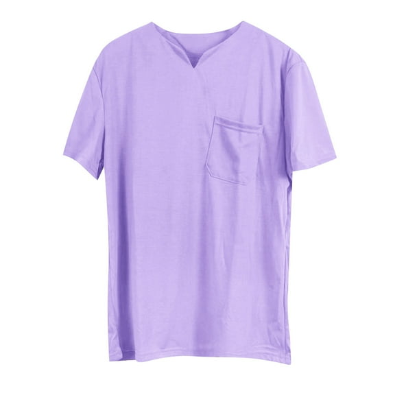 Prolriy Shirts for Men, Men's Solid Fitness Large Sports T Shirt Men's Elastic Cotton Pocket Short Sleeve Summer V Neck Shirt Mens Shirts Purple L