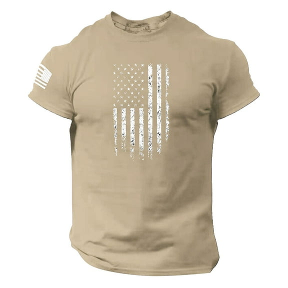 Prolriy Shirts for Men Summer Men's US Flag Logo Casual Fitness 3D Printed Short Sleeved T Shirt Mens Shirts Khaki XS