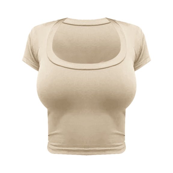 Prolriy Shirts for Women Crop T Shirt Breathable Top Nylon Knit Tight Leggings Summer Tops for Women Trendy Womens Tops Beige L