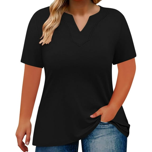 Prolriy Shirts for Women, Women's Loose Plus Size V Neck Solid Color Short Sleeved T Shirt Top Womens Tops Spring Summer Tops for Women Black L
