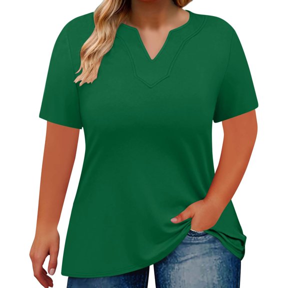 Prolriy Shirts for Women, Women's Loose Plus Size V Neck Solid Color Short Sleeved T Shirt Top Womens Tops Spring Summer Tops for Women Green L