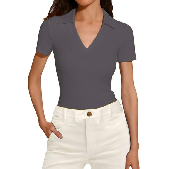 Prolriy Shirts for Women, Women's Short Sleeved Business Casual Top V Neck Work Shirt Top Womens Tops Spring Summer Tops for Women Grey XL