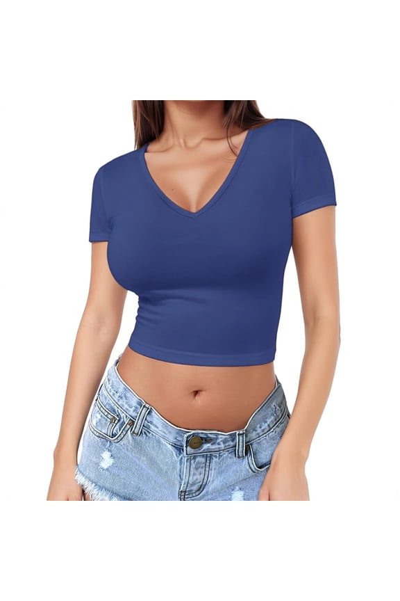 Shirts for Women, Women's Soft Workout Sexy Slim Casual Short Sleeved V Neck Crop Top Womens Tops Spring Summer Tops for Women Blue S