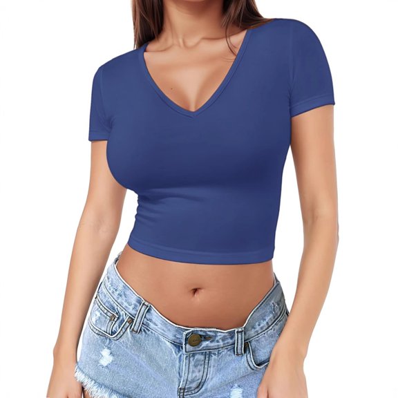 Prolriy Shirts for Women, Women's Soft Workout Sexy Slim Casual Short Sleeved V Neck Crop Top Womens Tops Spring Summer Tops for Women Blue S