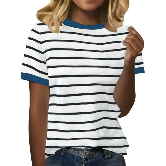Prolriy Shirts for Women, Women's Spring Round Neck Stripe Splicing Loose Casual Short Sleeve T Shirt Womens Tops Spring Summer Tops for Women Navy L