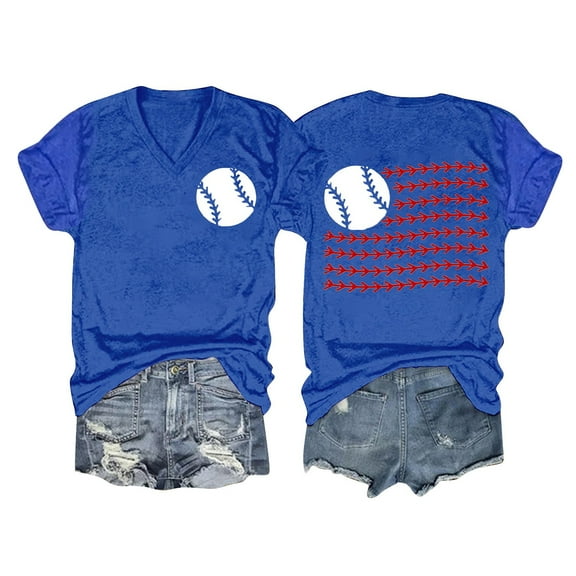 Prolriy Shirts for Women, Women's Spring/Summer Baseball Print Loose T Shirt Short Sleeve Top Womens Tops Spring Summer Tops for Women Blue M