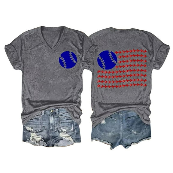Prolriy Shirts for Women, Women's Spring/Summer Baseball Print Loose T Shirt Short Sleeve Top Womens Tops Spring Summer Tops for Women Grey L