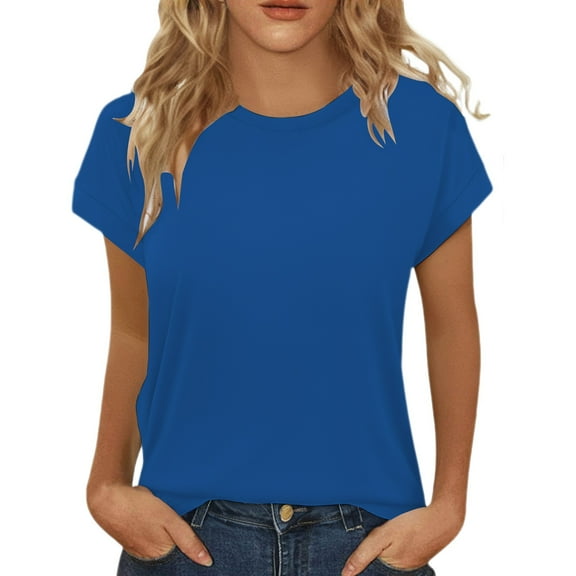 Prolriy Shirts for Women, Womens Summer Tops Short Sleeve Shirts Crew Neck Cute Trendy Tunic Blouses Womens Tops Spring Summer Tops for Women Blue S
