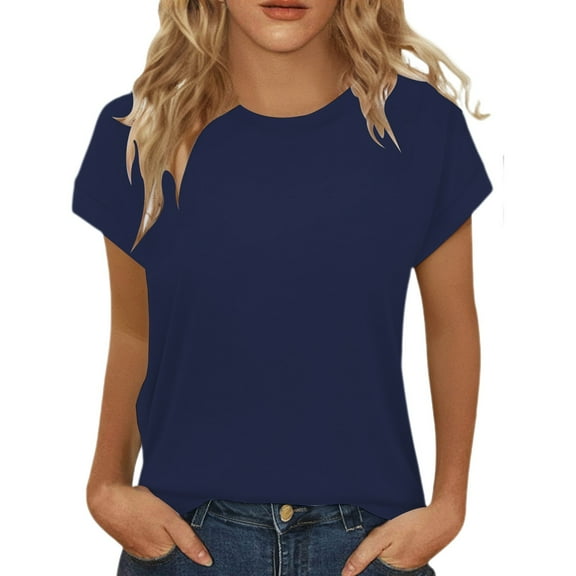 Prolriy Shirts for Women, Womens Summer Tops Short Sleeve Shirts Crew Neck Cute Trendy Tunic Blouses Womens Tops Spring Summer Tops for Women Navy S