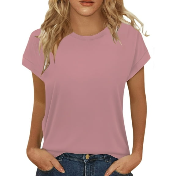 Prolriy Shirts for Women, Womens Summer Tops Short Sleeve Shirts Crew Neck Cute Trendy Tunic Blouses Womens Tops Spring Summer Tops for Women Pink L