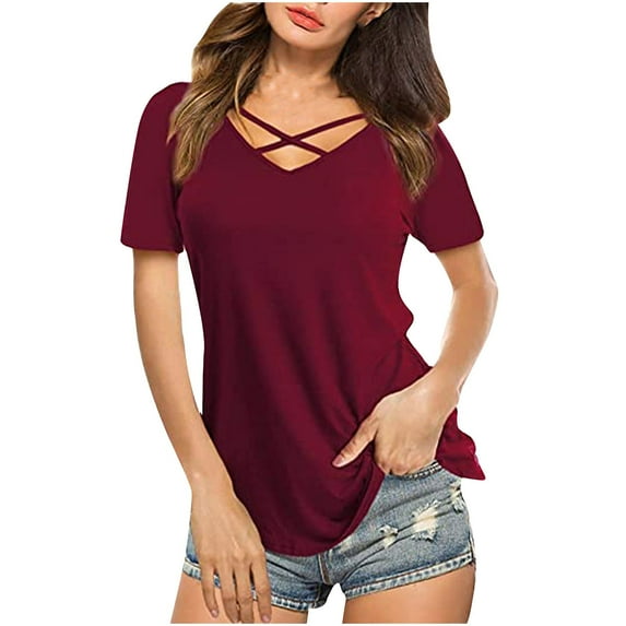 Prolriy Shirts for Women, Womens Summer Tops V Neck Short Sleeve Basic Plain Tee T Shirt Womens Tops Spring Summer Tops for Women Red2 S