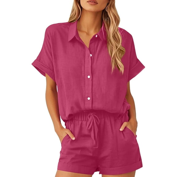 Prolriy Short Sets for Women Linen Sets for Women 2 Piece Summer Trendy Outfits Button down Short Sleeve Collared Shirts Shorts Sets Womens Summer Outfits Hot Pink M