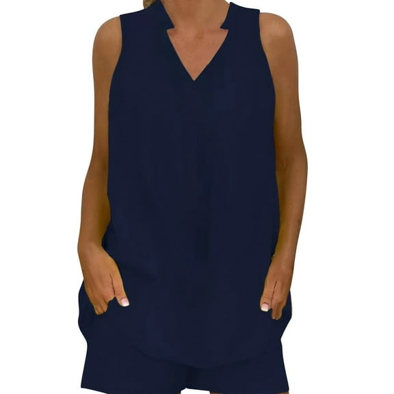 Prolriy Short Sets for Women, Womens Summer 2 Piece Outfits Solid Color Sleeveless V Neck Tunic Top and Shorts Set Beach Outfits Summer Outfits for Women Navy S