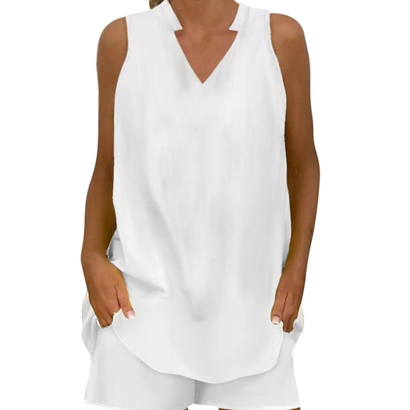 Prolriy Short Sets for Women, Womens Summer 2 Piece Outfits Solid Color Sleeveless V Neck Tunic Top and Shorts Set Beach Outfits Summer Outfits for Women White S