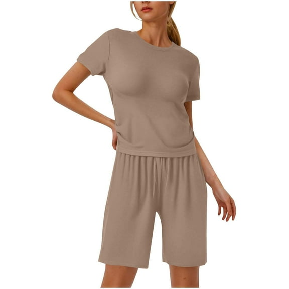 Prolriy Short Sets for Women, Womens 2 Piece Set Short Sleeve Tops Shorts Summer Casual Outfits Pajamas Womens Summer Outfits Brown S