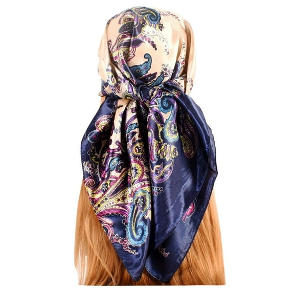 Prolriy Silk Scarf for Women Hair Womens Spring Summer Prints Satin Cashew Flower Prints Square Scarf Bandanas for Women Navy