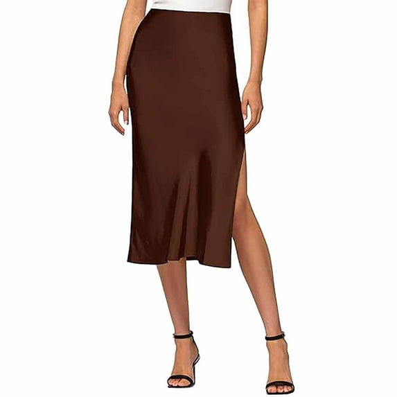 Prolriy Skirts for Women, Womens Satin Silk High Waist Slit Midi Skirt Elastic Waistband Midi Skirts Elegant and Handsome Half Skirt for Women, Womens Skirts Coffee XL