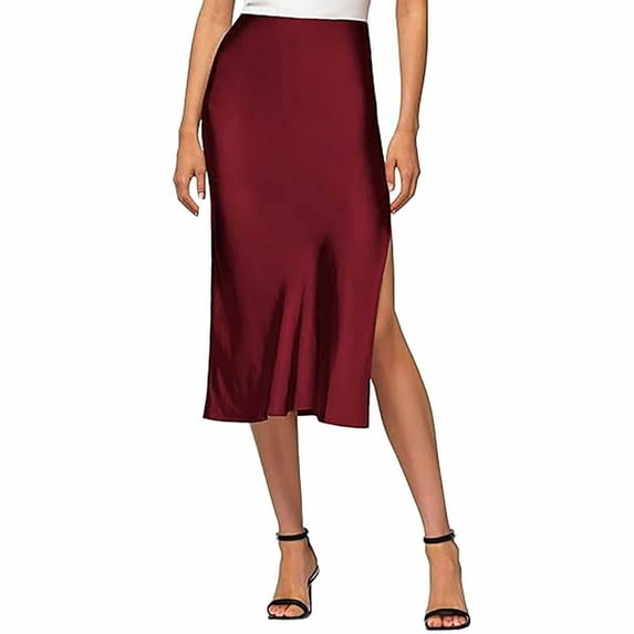 Prolriy Skirts for Women, Womens Satin Silk High Waist Slit Midi Skirt Elastic Waistband Midi Skirts Elegant and Handsome Half Skirt for Women, Womens Skirts Red XL