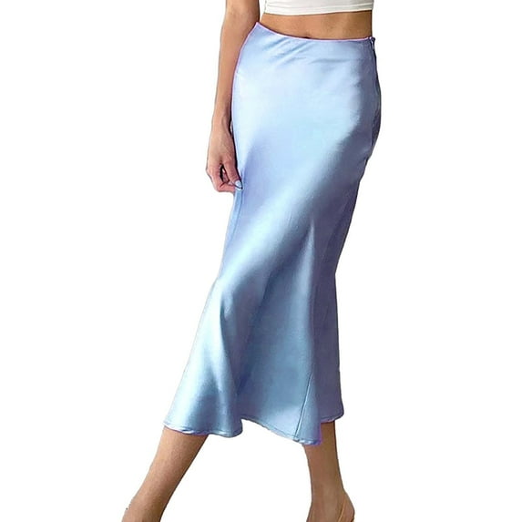 Prolriy Skirts for Women 2024 Skirt European and American Drape Satin Purple Mid Length High Waist Hip A Line Skirt Womens Skirts Blue1 L