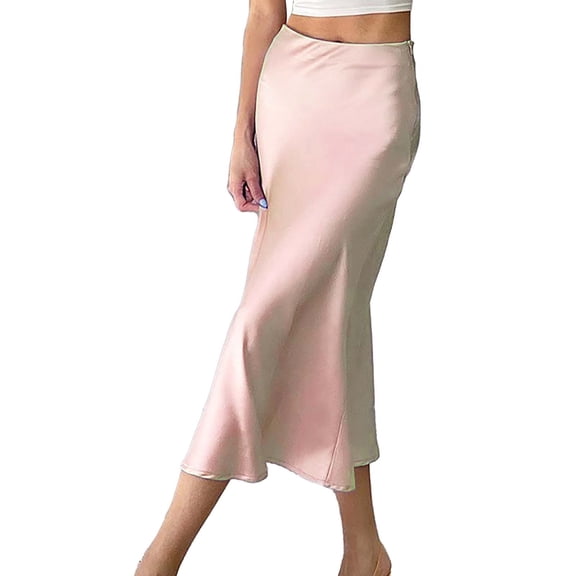 Prolriy Skirts for Women 2024 Skirt European and American Drape Satin Purple Mid Length High Waist Hip A Line Skirt Womens Skirts Pink2 M