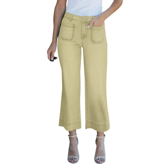Prolriy Straight Leg Jeans for Women, Women's Solid Color Wide Leg Casual Pocket Jeans Commuting Pants Women's Pants Khaki L