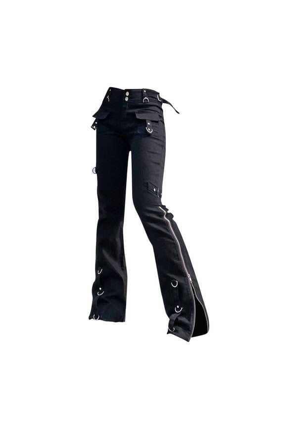 Straight Leg Womens Jeans Women Aesthetic Dark Goth Pants Academia Vintage Streetwear Punk Straight Casual Denim Trousers High Waisted Jeans for Women, Womens Pants Black L