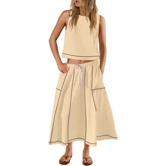 Prolriy Summer 2 Piece Outfits, Women's Holiday Sleeveless Vest Skirt Line Design Skirt Sets with Pockets Travel Outfits 2 Piece Sets for Women Beige L