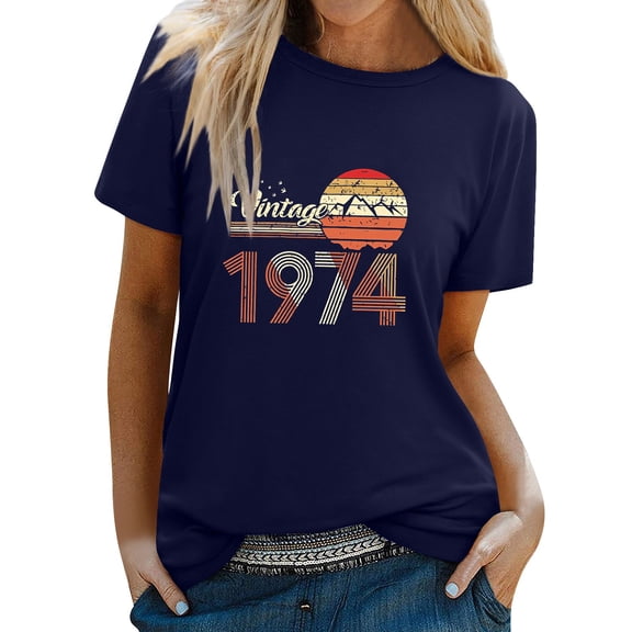 Prolriy Summer Tops for Women 2024 Vintage 1974 T Shirt Women's 50Th Birthday Gifts 50 Years T Shirt Women Round Neck Short Sleeve Retro Graphic Print Tee Shirts Womens Tops Dark Blue S