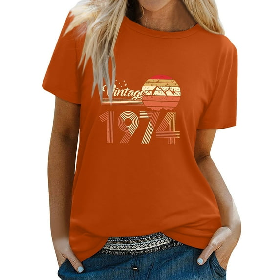 Prolriy Summer Tops for Women 2024 Vintage 1974 T Shirt Women's 50Th Birthday Gifts 50 Years T Shirt Women Round Neck Short Sleeve Retro Graphic Print Tee Shirts Womens Tops Orange L