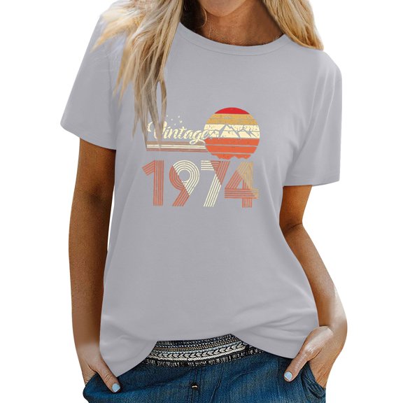 Prolriy Summer Tops for Women 2024 Vintage 1974 T Shirt Women's 50Th Birthday Gifts 50 Years T Shirt Women Round Neck Short Sleeve Retro Graphic Print Tee Shirts Womens Tops Grey S
