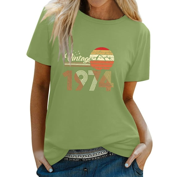 Prolriy Summer Tops for Women 2024 Vintage 1974 T Shirt Women's 50Th Birthday Gifts 50 Years T Shirt Women Round Neck Short Sleeve Retro Graphic Print Tee Shirts Womens Tops Army Green L