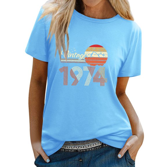 Prolriy Summer Tops for Women 2024 Vintage 1974 T Shirt Women's 50Th Birthday Gifts 50 Years T Shirt Women Round Neck Short Sleeve Retro Graphic Print Tee Shirts Womens Tops Light Blue M
