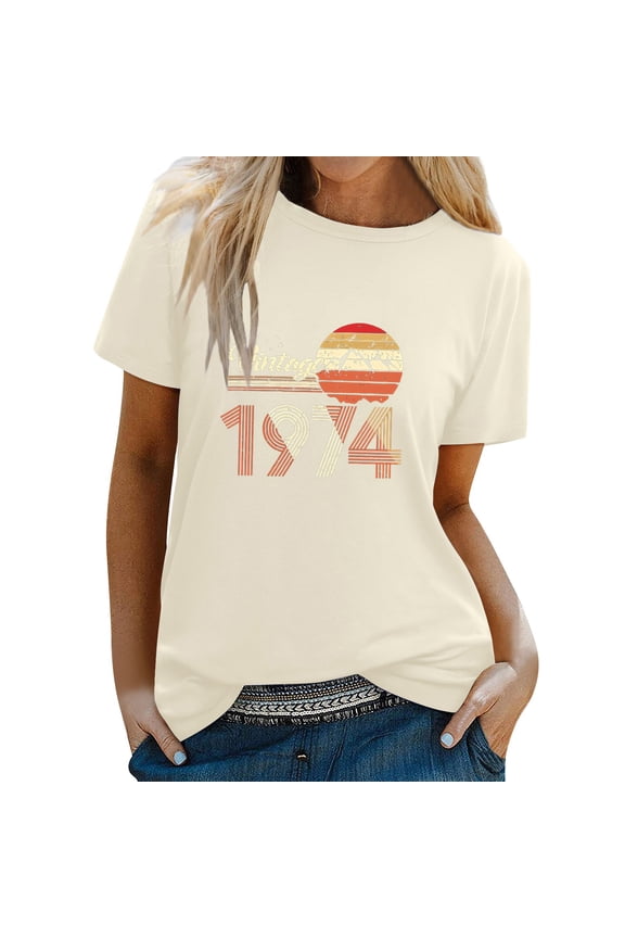 Summer Tops for Women 2024 Vintage 1974 T Shirt Women's 50Th Birthday Gifts 50 Years T Shirt Women Round Neck Short Sleeve Retro Graphic Print Tee Shirts Womens Tops Beige M