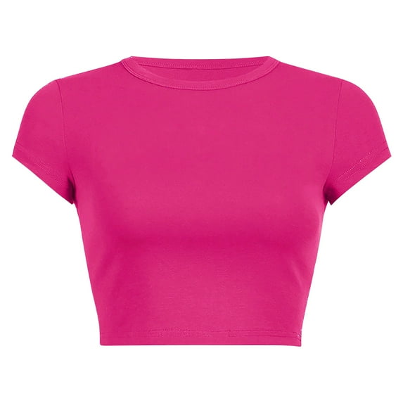 Prolriy Summer Tops for Women 2024 Women's Round Neck Summer Solid Color Short T Shirt Womens Tops Hot Pink XL