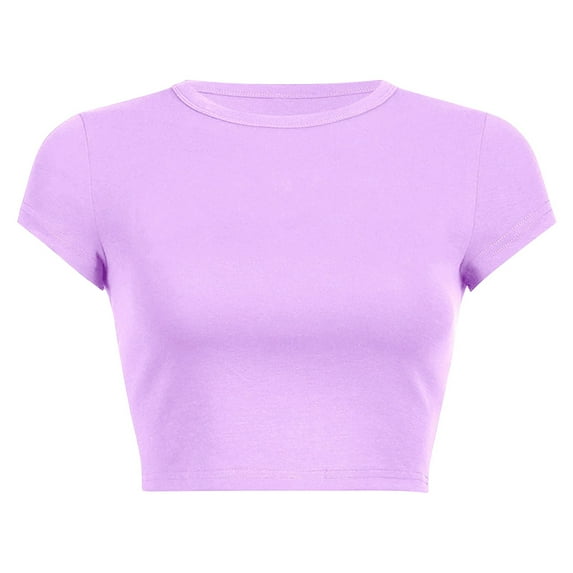 Prolriy Summer Tops for Women 2024 Women's Round Neck Summer Solid Color Short T Shirt Womens Tops Purple2 XL