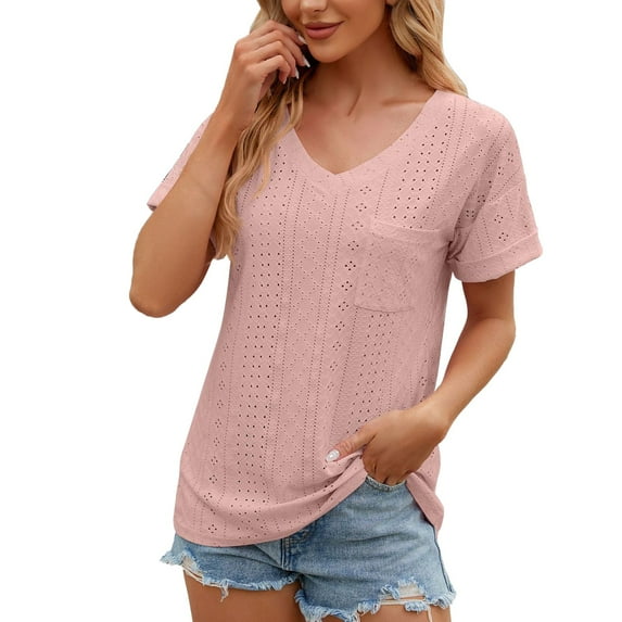 Prolriy Summer Tops for Women 2024 Women's Short Sleeved Solid Color Pocket V Neck Loose T Shirt Top Womens Tops Watermelon Red XL