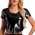 thumbnail image 1 of Prolriy Summer Tops for Women 2024 Women's Solid Color Reflective Shiny Metallic Round Neck Short Sleeve Crop Top T Shirt Womens Tops Black L, 1 of 8