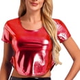 thumbnail image 1 of Prolriy Summer Tops for Women 2024 Women's Solid Color Reflective Shiny Metallic Round Neck Short Sleeve Crop Top T Shirt Womens Tops Red S, 1 of 8