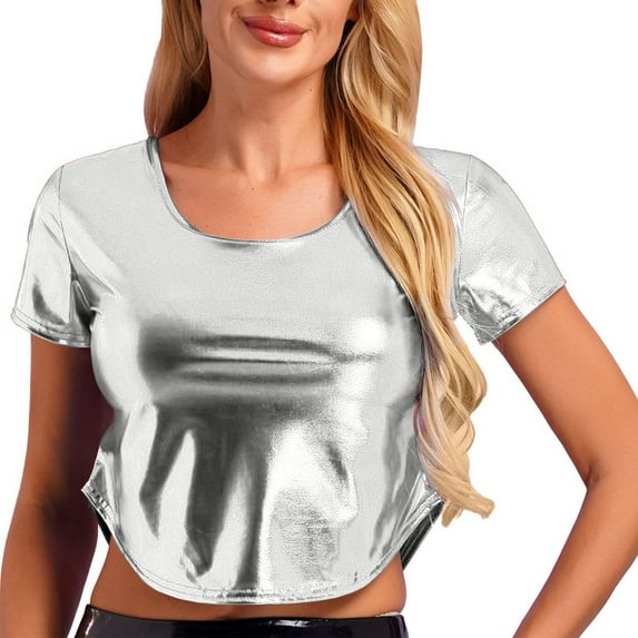 Prolriy Summer Tops for Women 2024 Women's Solid Color Reflective Shiny Metallic Round Neck Short Sleeve Crop Top T Shirt Womens Tops Silver XXL