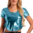 thumbnail image 1 of Prolriy Summer Tops for Women 2024 Women's Solid Color Reflective Shiny Metallic Round Neck Short Sleeve Crop Top T Shirt Womens Tops Sky Blue XXL, 1 of 8