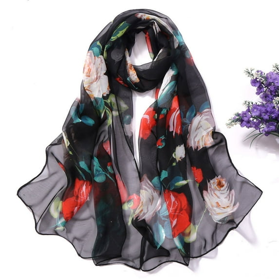 Prolriy Sunscreen Beach Womens Scarf Scarves Simulation Long Scarf Soft Wrap Shawl Printing Women Silk Roses Fashion Scarf Chiffon Scarf for Women Black