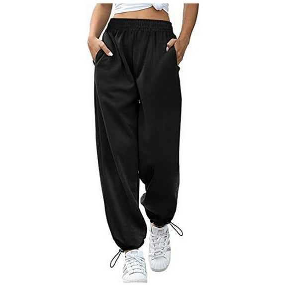 Prolriy Sweatpants Women Jogging Pants for Women, Women's Casual Pant Solid Color Sports and Leisure Pant Drawstring Wide Leg Pants and Drawstring Pocket Pants Women's Pants Black XL