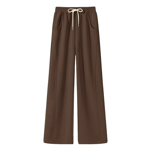 Prolriy Sweatpants Women, Oversized Wide Leg Sweatpants Elastic Drawstring Straight Leg Sweatpants Waisted Baggy Pants Pocket Womens Pants Brown L