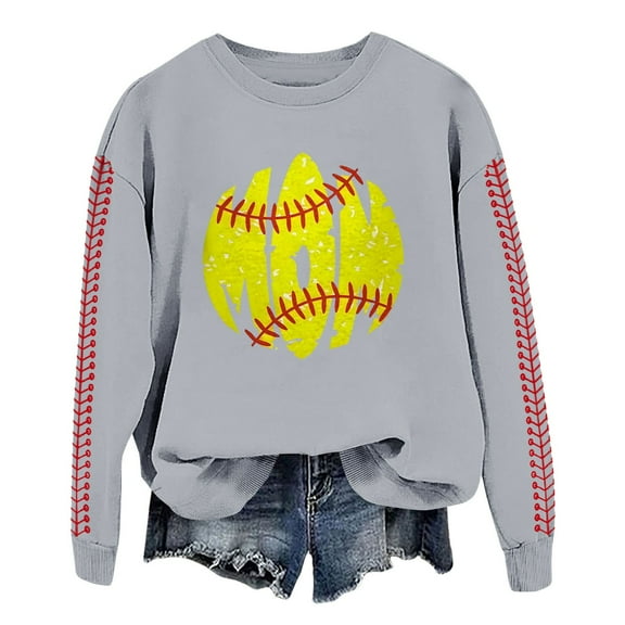 Prolriy Sweatshirt for Women, Women's Spring Baseball Print Crew Neck Loose Casual Top Hoodie Womens Tops Spring Tops for Women Grey L