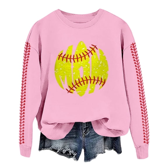 Prolriy Sweatshirt for Women, Women's Spring Baseball Print Crew Neck Loose Casual Top Hoodie Womens Tops Spring Tops for Women Pink S