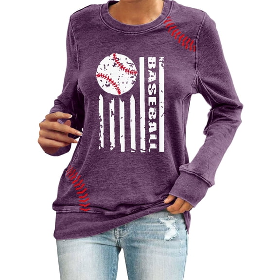 Prolriy Sweatshirt for Women, Women's Spring Baseball Print Crew Neck Loose Casual Top Hoodie Womens Tops Spring Tops for Women Purple M